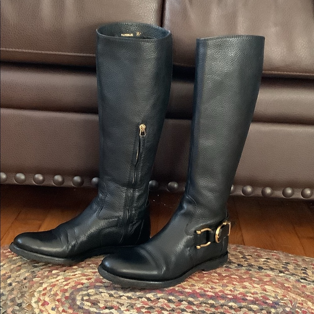 Burberry Double Buckle Belted Leather Tall Boots 6.5